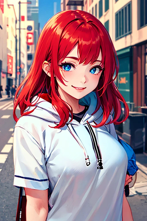 ((masterpiece)), (((best quality))), chromatic lighting,
colorized, red + white limited color palette, 
detailed concept drawing,
Shibuya street girl, cyberpunk, futuristic,
portrait, 20yo 1girl, medium soft breasts, slender, skirt, red hair, blue eyes, smiling