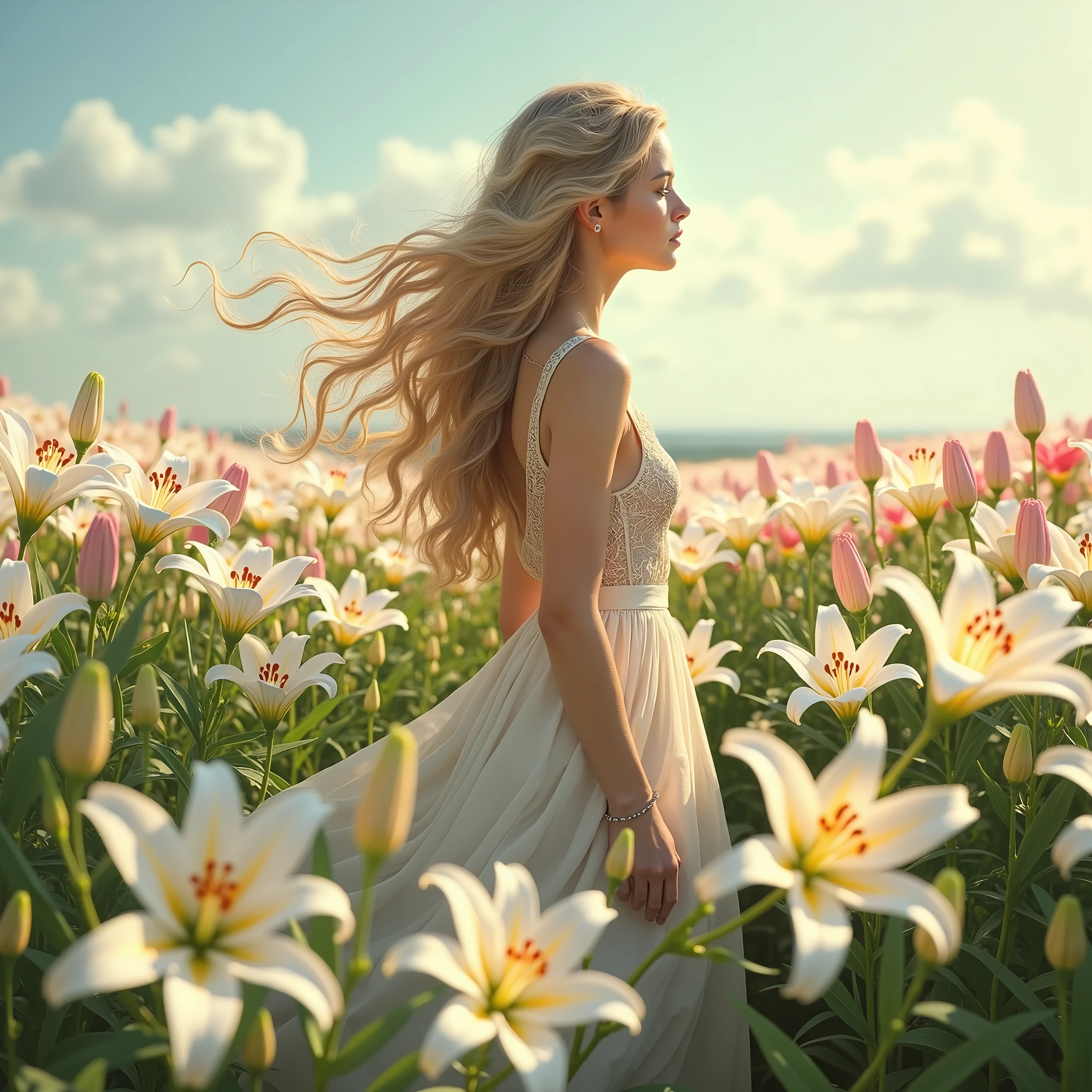 สำหรับภาพwomanสดใสในทุ่งดอกลิลลี่ โดยมีรายละเอียดดังนี้:

1. **background**: The field of lilies is full of white and pink flowers. The fields are interspersed with romantic and refreshing scents. 2. **woman**: 
   - **Hair style**: Long blonde hair, Let it fall in natural waves - **set**: ใส่setยุโรปย้อนยุค เช่น setกระโปรงยาวสีอ่อน ใส่คอนเซ็ปต์
   - **stance**: Standing with your back to the bright colors and pleasant atmosphere will make the picture look more lively and beautiful.