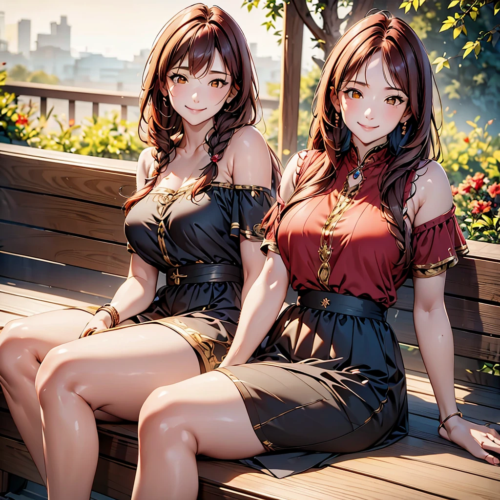 women, natural redhead, long hair with 2 braids, honey yellow eyes, black flared short skirt, Wine red off shoulder blouse with details, sitting on a bench in a garden, Whole body, mischievous smile, bright smile, chest a little big.