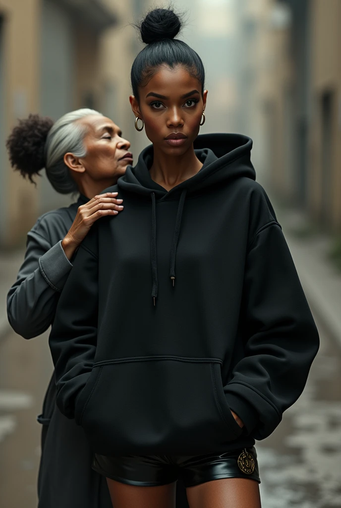 black woman hair in a bun black hoodie   black leather short shorts   a old grandma in a dress on her knees kissing her ass behind her


       