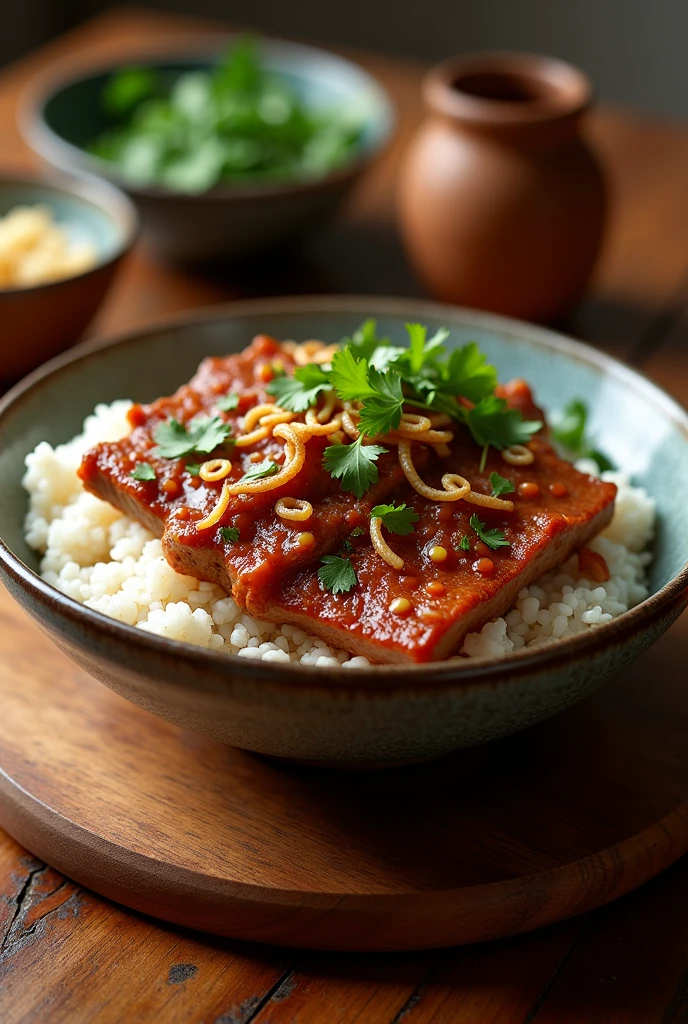Braised Pork Rice Bowl，dining table