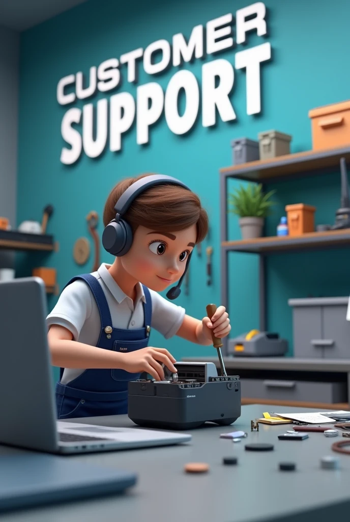 3D animation Good Technical Room with big text "Customer Support Axelpos" in the wall
With a technichian in front of the laptop and beside many part hold the screw driver for repair broken mini printer