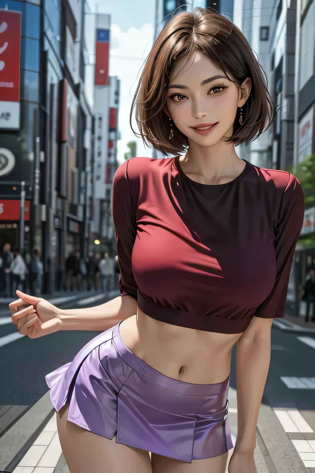 (1 The Ultimate Beautiful Mature Woman), Very detailedな顔, Beautiful brown eyes, double eyelid, Slightly thick detailed lip, Short black hair, (Light purple blouse:1.2), (Red tight mini skirt:1.4), Large Breasts, smile, Thighs, Perfect lighting, (Realistic:1.4), (Very detailed), (Highest quality), (Best Shadow), (masterpiece), Ultra-high resolution, With background: ((Ginza Art Gallery, Tokyo))