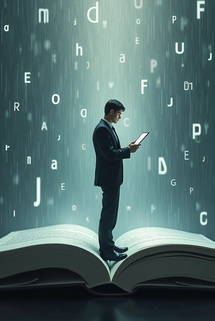 A complex image with a simple big meaning, letters falling on digital on a computer keyboard , a man standing on a book holding a tab