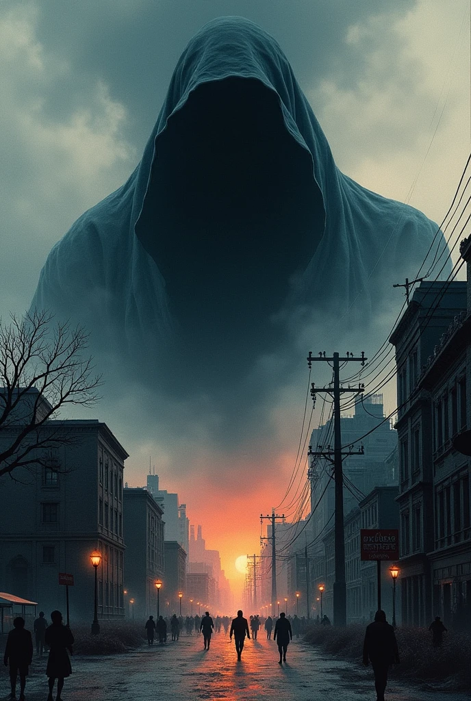 A dark shadow approaching the city, representing genocide in colored drawing
