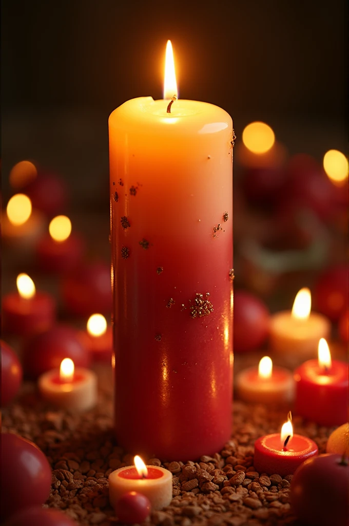 Of thousands of candles around a thick, large candle with two colors and golden details 