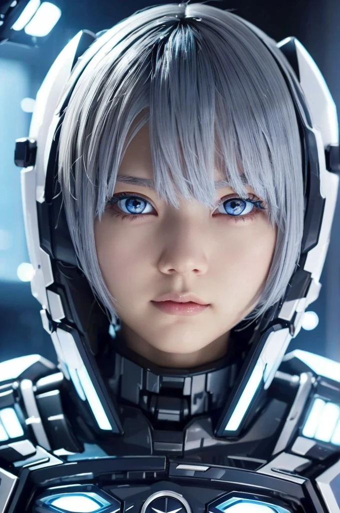  A girl with silver hair and silver eyes、Wide-angle shot, 1 female, Mecha, Glowing blue-black eyes, Very cute face, (Realistic:1.37), バイオMechaニカル, Spaceship interior bokeh background, Ultra-realistic, Very detailed, Very intricate details, Beautiful woman in focus、