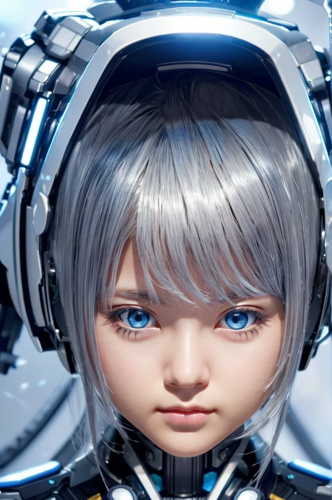 A girl with silver hair and silver eyes、Wide-angle shot, 1 female, Mecha, Glowing blue-black eyes, Very cute face, (Realistic:1.37), バイオMechaニカル, Spaceship interior bokeh background, Ultra-realistic, Very detailed, Very intricate details, Beautiful woman in focus、