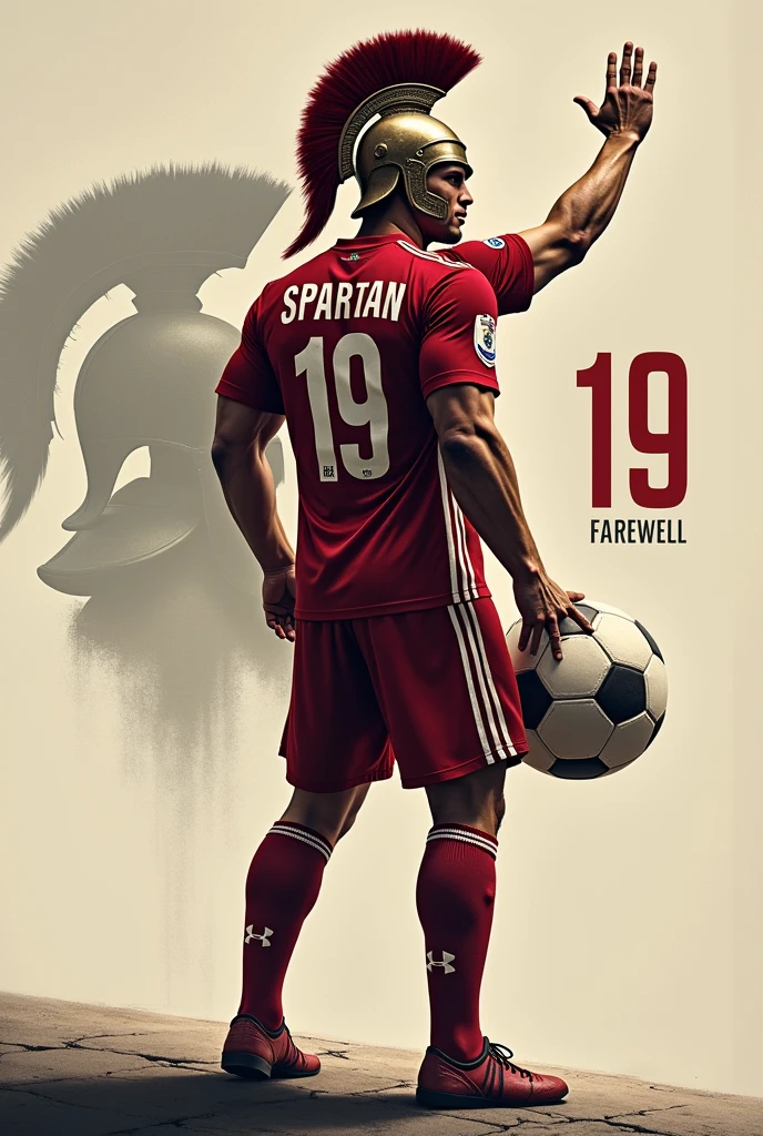 Generate Soccer farewell poster with "FAREWELL" written on top of it. A spartan turning backside background with spartan helmet and football jersey with "spartan" & "19" written on its back holding ball in left hand and waving bye with his right hand.