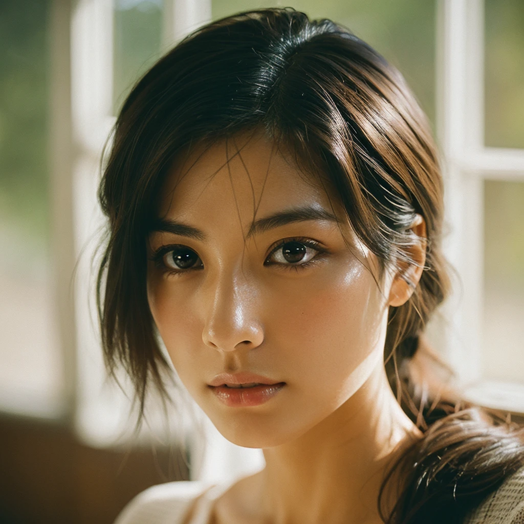A hyper-realistic image of a single Japanese woman in her early 20s, captured with the nostalgic warmth and subtle graininess of a film camera. Her skin has a warm beige tone with a natural, slightly rough texture that includes visible pores, fine lines, and subtle imperfections such as small blemishes, adding to the authenticity of her appearance. The soft, diffused natural light enhances the film-like quality, casting gentle shadows that create a timeless, organic feel. Her straight, glossy black hair frames her face in a natural, slightly tousled manner, and her deep brown eyes reflect the ambient light, adding depth and emotion. The film camera effect introduces a slight grain and a softer focus, giving the image a warm, nostalgic atmosphere while maintaining the realistic texture of her skin. She is dressed simply, in a way that complements her natural beauty, with the overall composition designed to evoke a sense of genuine, understated elegance. The use of natural light, combined with the deliberately rougher texture of her skin and the film-like qualities, ensures that this image captures the imperfections that make her beauty truly lifelike, focusing solely on this one individual.