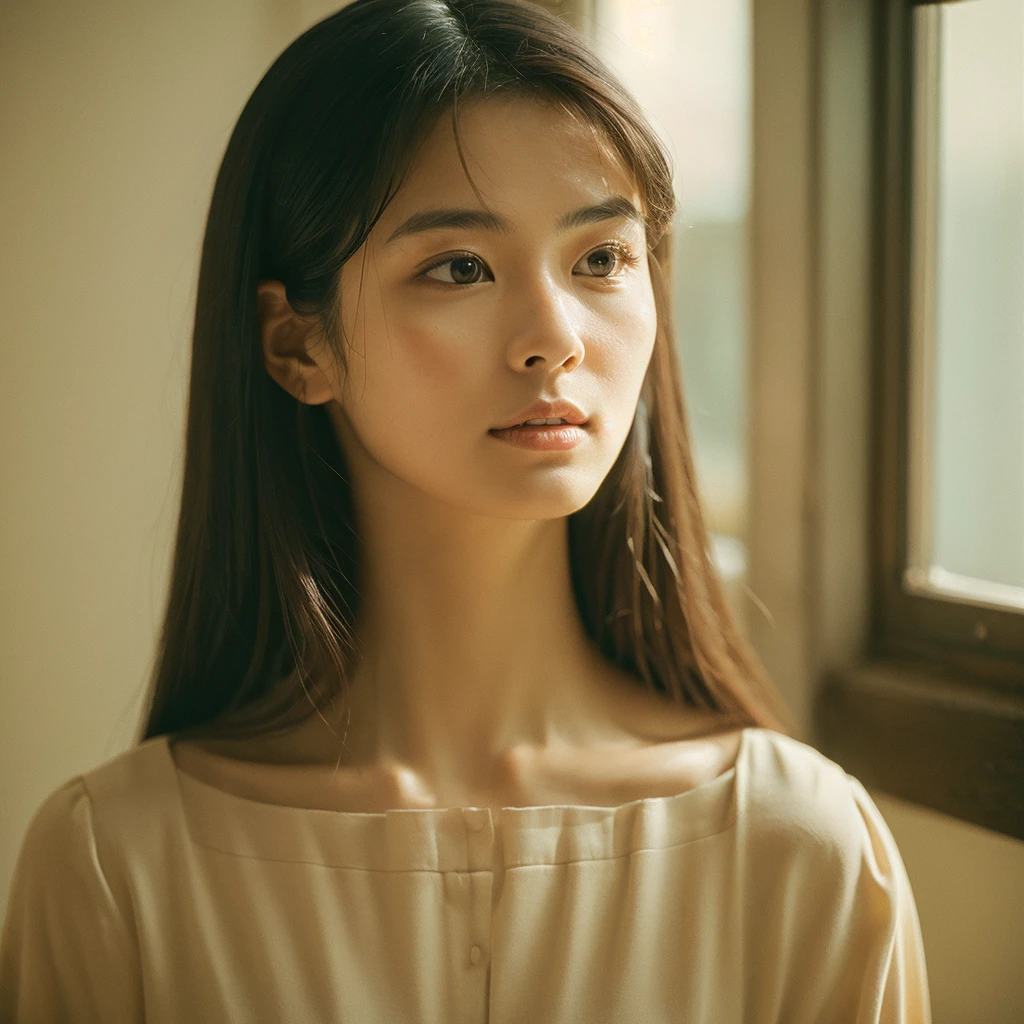 A hyper-realistic image of a single Japanese woman in her early 20s, captured with the nostalgic warmth and subtle graininess of a film camera. Her skin has a warm beige tone with a natural, slightly rough texture that includes visible pores, fine lines, and subtle imperfections such as small blemishes, adding to the authenticity of her appearance. The soft, diffused natural light enhances the film-like quality, casting gentle shadows that create a timeless, organic feel. Her straight, glossy black hair frames her face in a natural, slightly tousled manner, and her deep brown eyes reflect the ambient light, adding depth and emotion. The film camera effect introduces a slight grain and a softer focus, giving the image a warm, nostalgic atmosphere while maintaining the realistic texture of her skin. She is dressed simply, in a way that complements her natural beauty, with the overall composition designed to evoke a sense of genuine, understated elegance. The use of natural light, combined with the deliberately rougher texture of her skin and the film-like qualities, ensures that this image captures the imperfections that make her beauty truly lifelike, focusing solely on this one individual.
