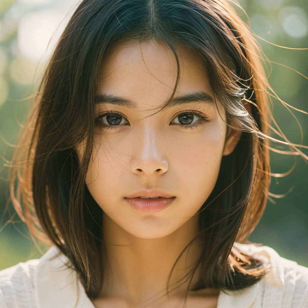 A hyper-realistic image of a single Japanese woman in her early 20s, captured with the nostalgic warmth and subtle graininess of a film camera. Her skin has a warm beige tone with a natural, slightly rough texture that includes visible pores, fine lines, and subtle imperfections such as small blemishes, adding to the authenticity of her appearance. The soft, diffused natural light enhances the film-like quality, casting gentle shadows that create a timeless, organic feel. Her straight, glossy black hair frames her face in a natural, slightly tousled manner, and her deep brown eyes reflect the ambient light, adding depth and emotion. The film camera effect introduces a slight grain and a softer focus, giving the image a warm, nostalgic atmosphere while maintaining the realistic texture of her skin. She is dressed simply, in a way that complements her natural beauty, with the overall composition designed to evoke a sense of genuine, understated elegance. The use of natural light, combined with the deliberately rougher texture of her skin and the film-like qualities, ensures that this image captures the imperfections that make her beauty truly lifelike, focusing solely on this one individual.