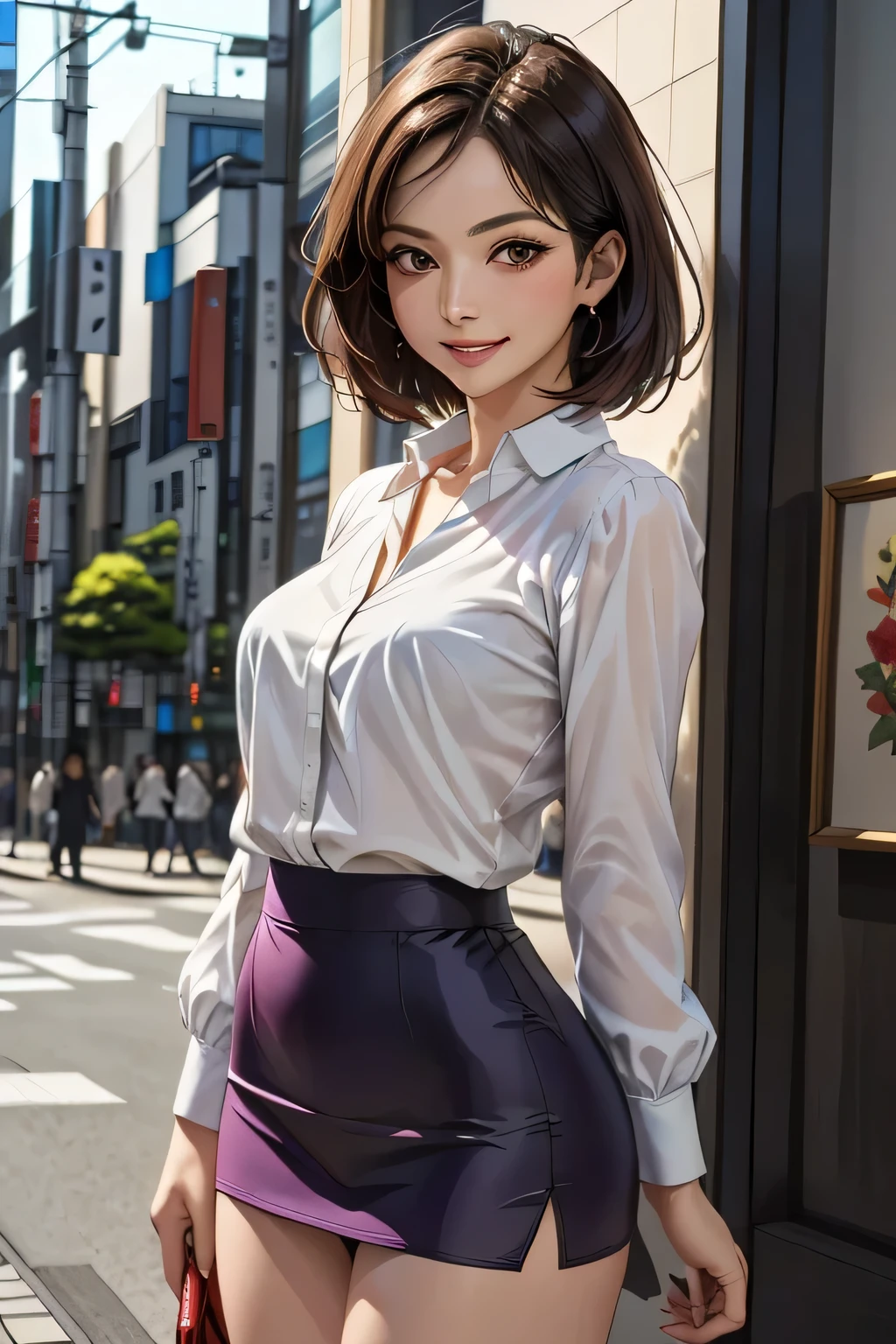 (1 The Ultimate Beautiful Mature Woman), Very detailedな顔, Beautiful brown eyes, double eyelid, Slightly thick detailed lip, Short black hair, (Light purple blouse:1.2), (Red tight mini skirt:1.4), Large Breasts, smile, Thighs, Perfect lighting, (Realistic:1.4), (Very detailed), (Highest quality), (Best Shadow), (masterpiece), Ultra-high resolution, With background: ((Ginza Art Gallery, Tokyo))