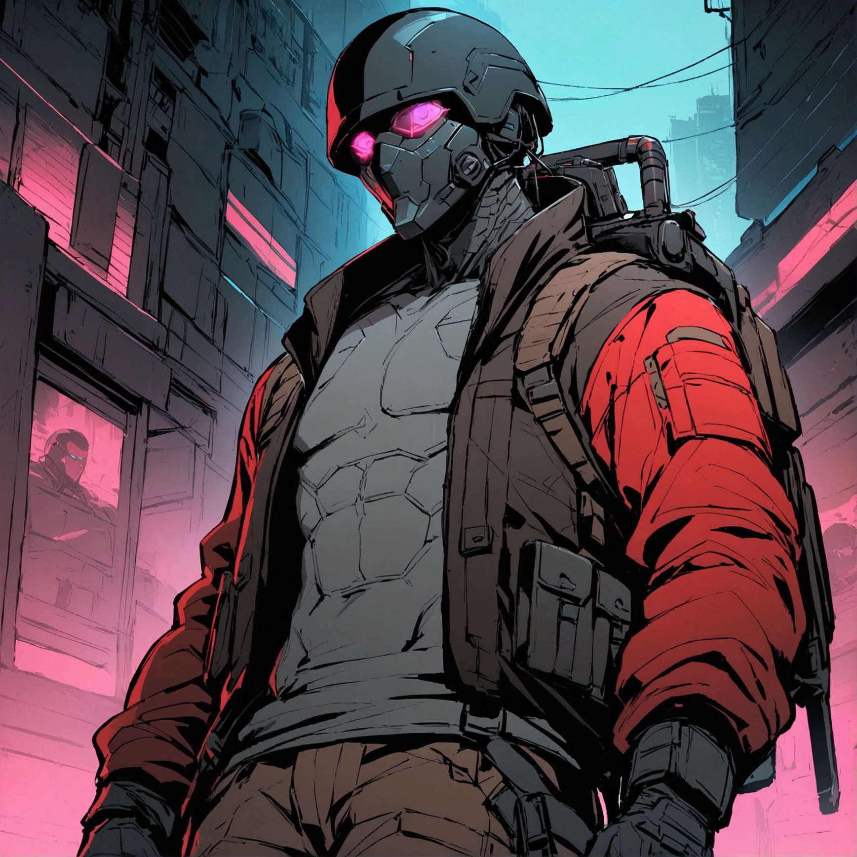 high detailed, Male, full-face helmet. matte black helmet with a smooth, curved surface, plain helmet, grey bodysuit tight shirt. webbing rig, Dark brown cargo pants, V shaped lenses. Black Jacket, Black and red jacket, Open jacket. Halfbody view, mercenary, black jacket, cyberpunk, tactical soldier, webbing rig, Cyberpunk, tactical gear, cyberpunk, Male, Man, Masculine man