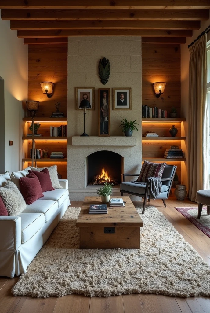 General Style:

Rustic and Cozy with Modern and Mysterious Touches: A home that combines the warmth of rustic style with modern details and elements of mystery.
colors: Neutral and warm tones such as beige, soft browns and greys, accented with darker touches like burgundy and dark green.
Space Distribution:

Living room:
Materials: Light wood floors, walls in plaster or with wood panels. Woven wool rugs.
furniture: Wide sofas in neutral tones, wool cushions and blankets. Recycled wood coffee table and shelves with books and personal items.
Details: Stone fireplace, floor lamps with soft light. Framed family photos. Modern and mysterious decorative elements, such as aged mirrors and dark metal details.