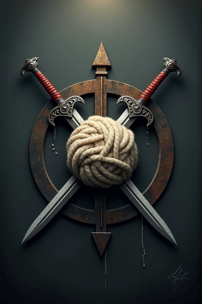 Logo of a disruptive clothing company in which there is a ball of wool crossed in an X by two medieval swords