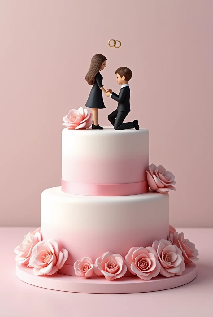 Hey! I want you to generate a 2 tier cake in pink and white theme for engagement decorate cake sides with pink and white flowers. At the top of the cake make a ring box containing 2 rings in golden color also make a cake topper in black color in which a boy is sitting on knees and proposing a girl