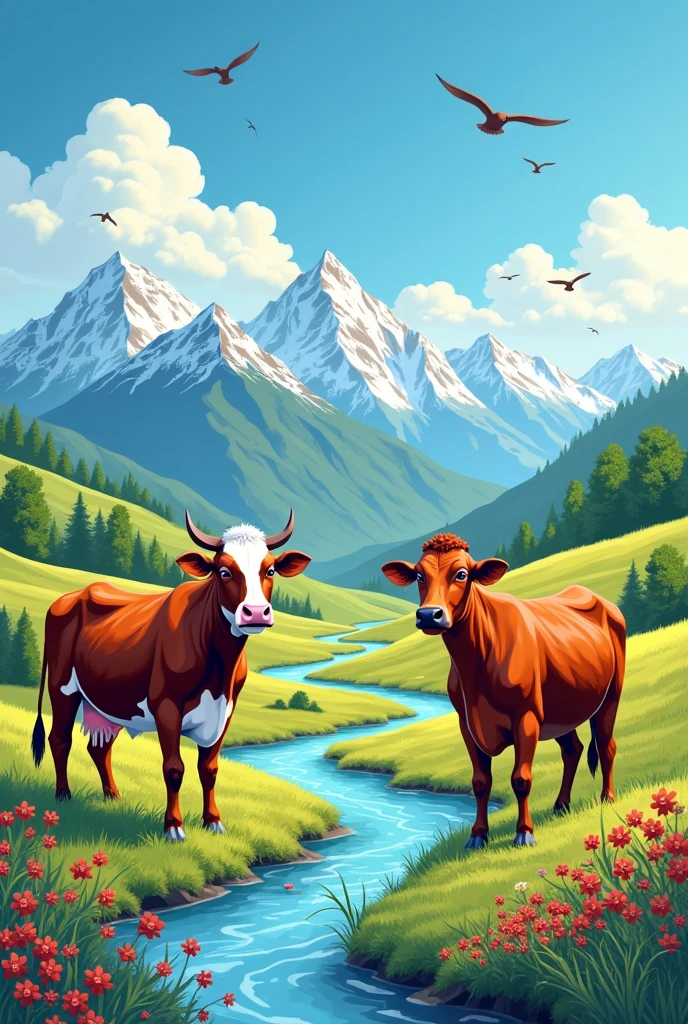 Tetra Pak milk packaging design , in Uzbekistan , with beautiful bright cows , mountains , River, name OQ SUT