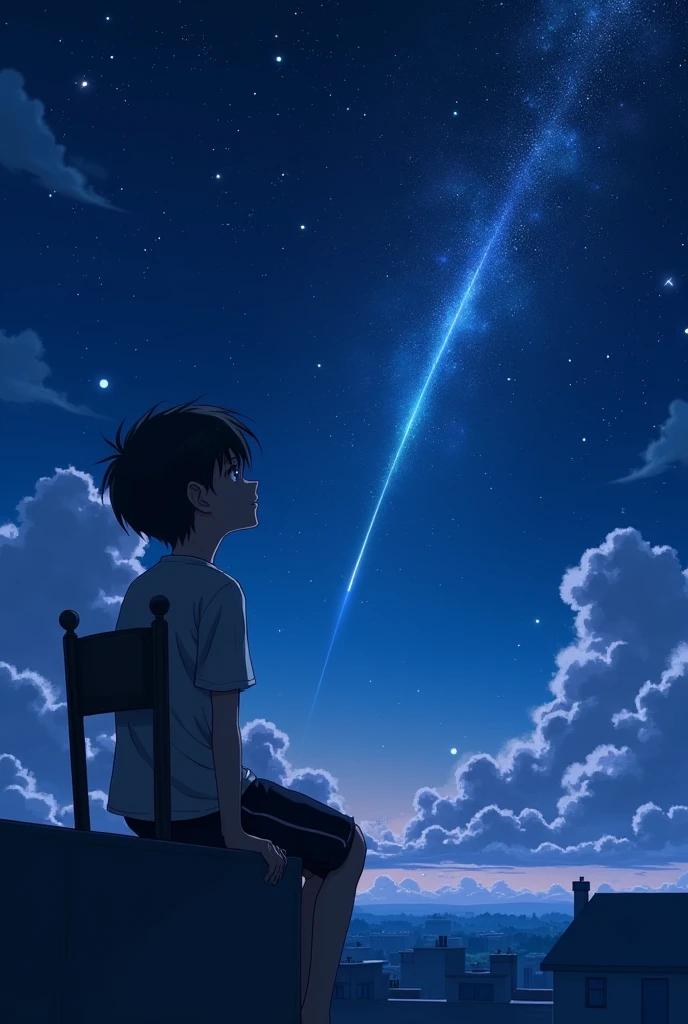 A boy sitting in a chair in roof watching the beutiful view of the stars. Low camera angle, Anime type, High quality, beutiful stars, one meteor falling, boys side and back view. Without clouds . Don't show the full chair. A half Wall in front of the boy . His legs on that wall and sitting comfortablely. Dark theme. Stars are glowing 
