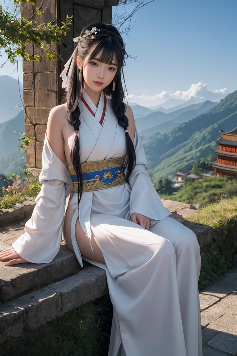 Face close-up， Ultra-fine face，woman， Chinese style， Ancient Wind，Hanfu， Sitting pose， Long white hair， Delicate clothing patterns， Elegance， Gorgeous， Elegance， smile，Sky Sky， ribbon，Sense of brokenness， It is， Bubble， Double up braid， Hairline， Diagonal bangs， hair band， hair ornaments，Sparkling， Cinema Lighting，  Hyper HD， High resolution， 最high quality， 8k， High detail， high quality， Super Detail， Anatomically correct， masterpiece， Accurate，Plump，Landscape painting，screen