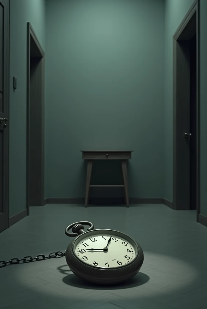An empty room with a chair and a table where the pocket watch is stopped, at exactly 11:59 p.m.. The scene seems frozen in time, with an atmosphere of stillness and solitude.