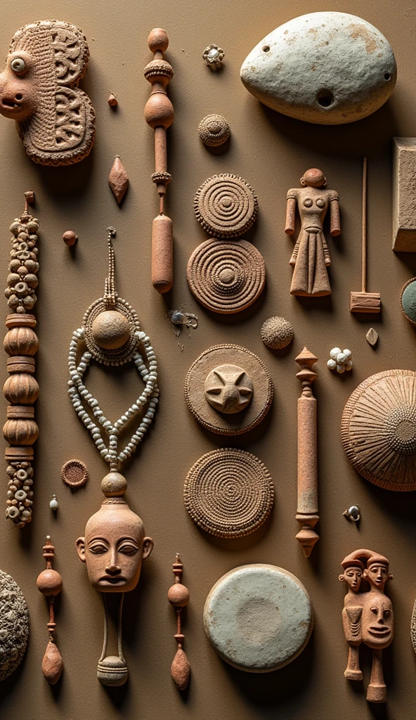 Images of artifacts from Cahokia, such as beads and clay figurines
