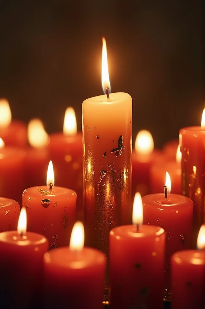 Of thousands of candles around a thick, large candle with two colors and golden details 