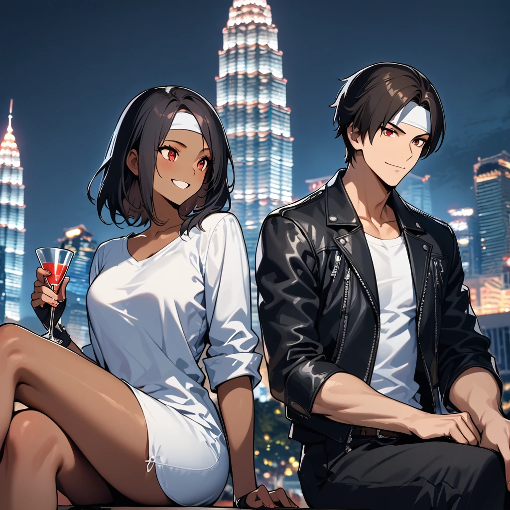 Orochiquillo, dark skin, couple, two people, man and woman, red eyes, ((black leather jacket with rolled up arms)), fingerless gloves, black hair, white T-shirt, ((white headband)), black pants, white shoes, brown belt, handsome, shot, charming, masterpiece, high resolution, detailed face, fine grain, night, cloudy sky, confident smiling, with lover, dining on terrace, Petronas Twin Towers, Malaysia, sipping cocktail in cocktail glass, same dress and hairstyle for both sexes, holding glass, toothy smile, sitting cross-legged