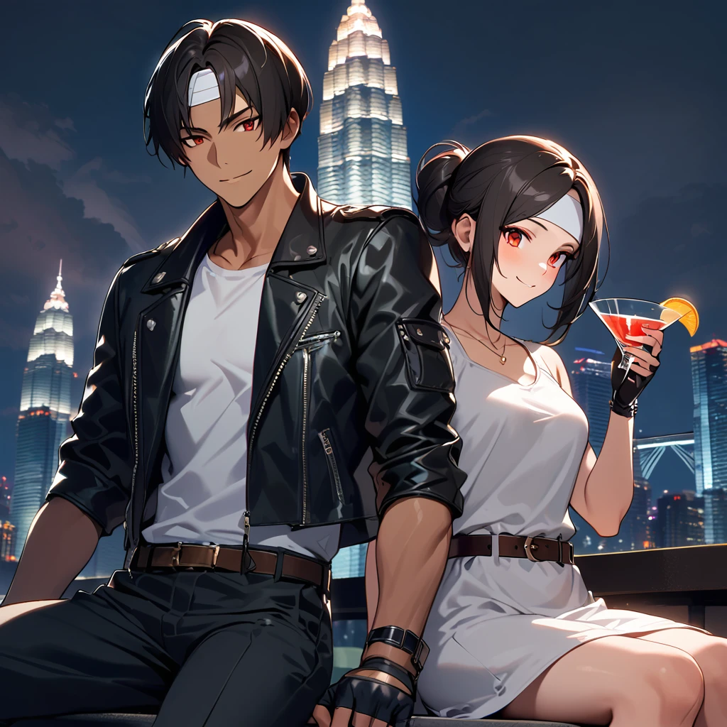 Orochiquillo, dark skin, couple, two people, man and woman, red eyes, ((black leather jacket with rolled up arms)), fingerless gloves, black hair, white T-shirt, ((white headband)), black pants, white shoes, brown belt, handsome, shot, charming, masterpiece, high resolution, detailed face, fine grain, night, cloudy sky, confident smiling, with lover, dining on terrace, Petronas Twin Towers, Malaysia, sipping cocktail in cocktail glass, same dress and hairstyle for both sexes, holding glass, toothy smile, sitting cross-legged