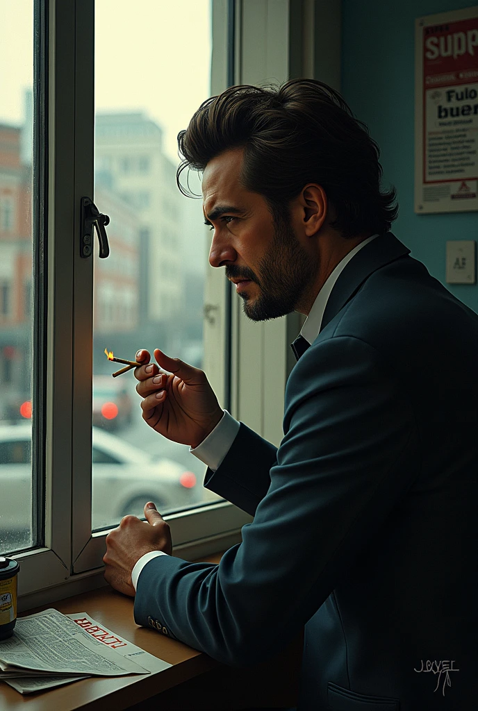 Editorial staff of a newspaper.
Rodolfo with a bitter expression, holding a cigarette while looking out the window towards the street.