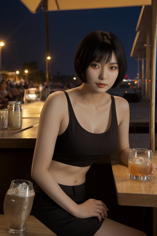black short hair, photorealistic, young beautiful asian woman, pale skin, sunny day, sitting at a bar at the beach at night, wearing a beautiful tank top