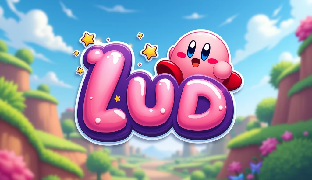 Create a cute Kirby's Adventure game logo with the name LUD on the image in purple color, making it truly spectacular