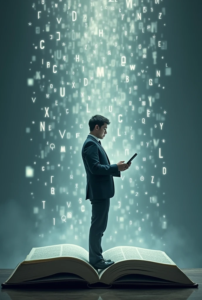 A complex image with a simple big meaning, letters falling on digital on a computer keyboard , a man standing on a book holding a tab