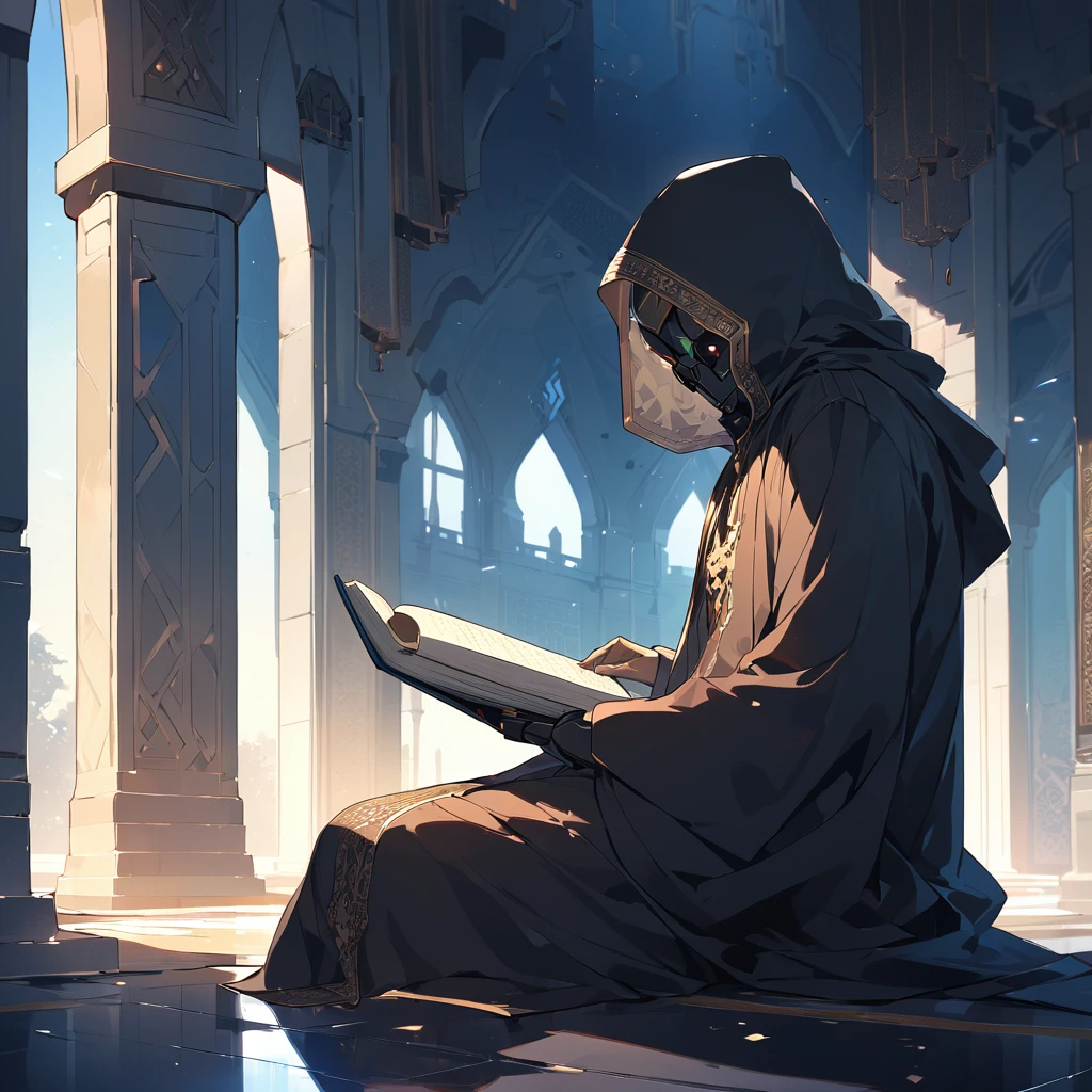 scull face sci fi robot men with dark robe hood sitting reading Quran in mosque. picture was side view. environtment was dark with evening light. look like wise and interligent. look mysterious. nobody around. clearly can see his scull face reading Quran. broad sword beside him on the floor.