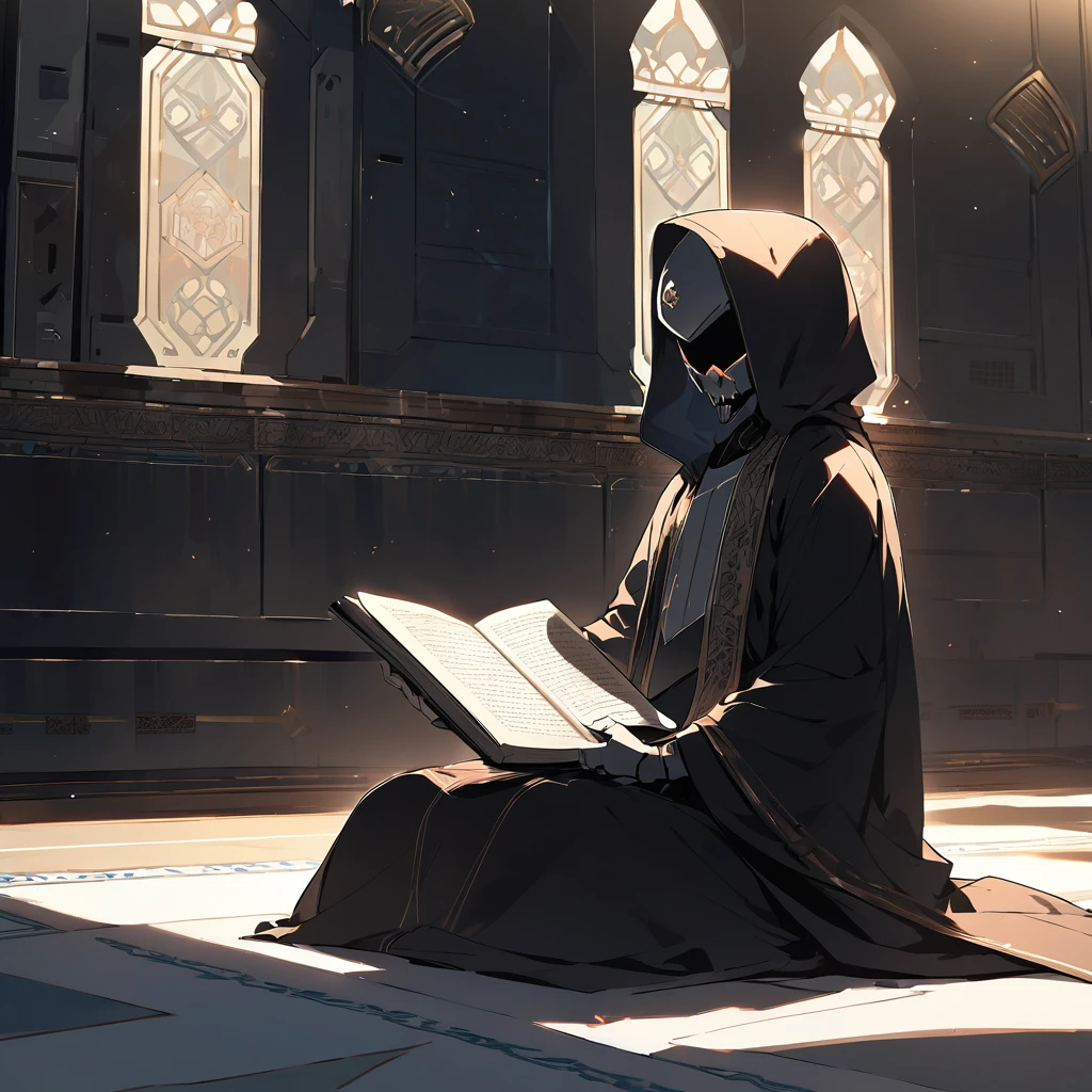 scull face sci fi robot men with dark robe hood sitting reading Quran in mosque. picture was side view. environtment was dark with evening light. look like wise and interligent. look mysterious. nobody around. clearly can see his scull face reading Quran. broad sword beside him on the floor.
