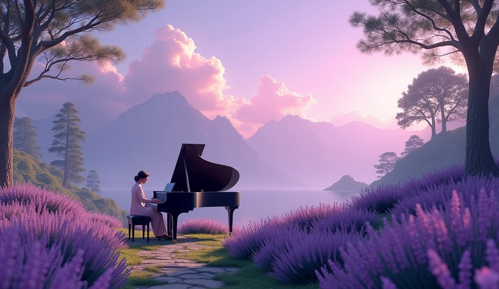 (photorealism:1.2), A pianist plays a grand piano in the middle of a forest, surrounded by lavender and gardenia, purple background, distant mountains, gentle sea breeze, fresh color scheme, shallow depth of field composition, natural light, soft tones, elegant style of fashion photography, huge fluffy clouds, masterpiece digital art, vibrant colors
