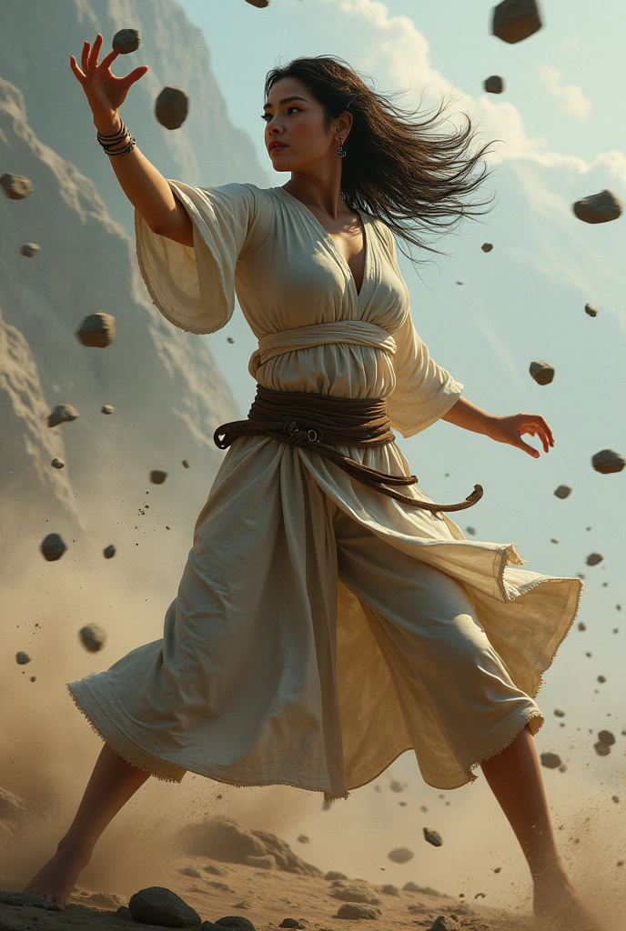 a woman throwing stones to the right