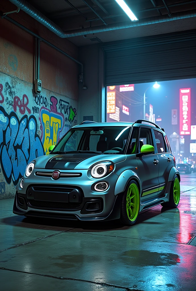 can u create a grey "FIAT MULTIPLA" with bodykit in a garage all full of graffiti walls and the door of the garage is open u can see the midnight neon light city with green wheels and smoking wheels