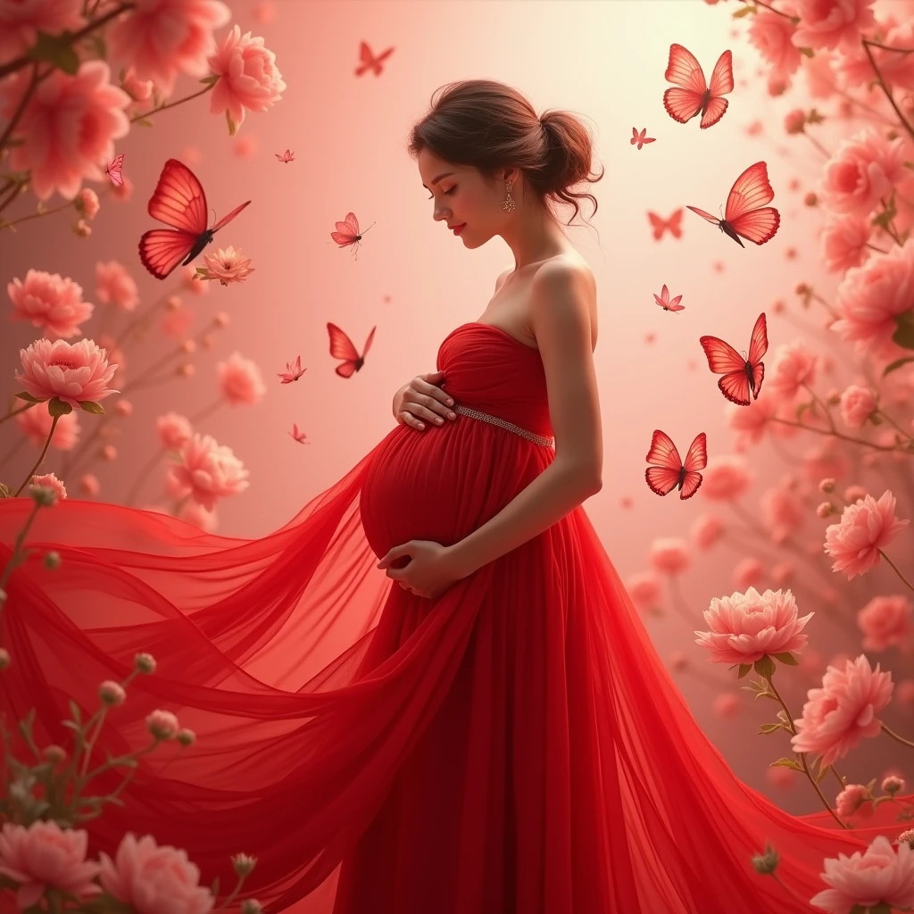 red gown , A pregnant woman stands amidst a flurry of pink and white butterflies, her flowing red dress cascading around her like a waterfall. She cradles her belly with both hands, embodying the serene beauty of anticipation. The backdrop is a soft red gradient, adorned with scattered flowers in hues of pink and white, enhancing the ethereal atmosphere.