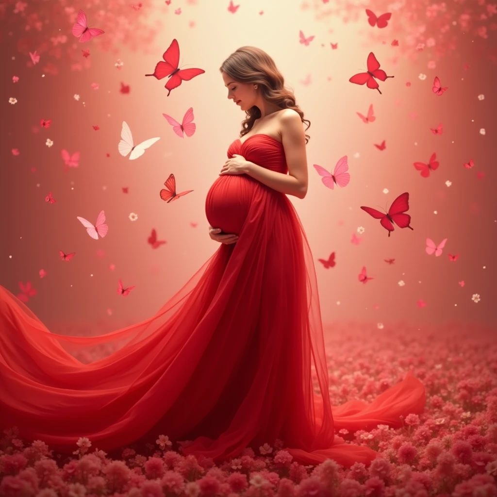 red gown , A pregnant woman stands amidst a flurry of pink and white butterflies, her flowing red dress cascading around her like a waterfall. She cradles her belly with both hands, embodying the serene beauty of anticipation. The backdrop is a soft red gradient, adorned with scattered flowers in hues of pink and white, enhancing the ethereal atmosphere.