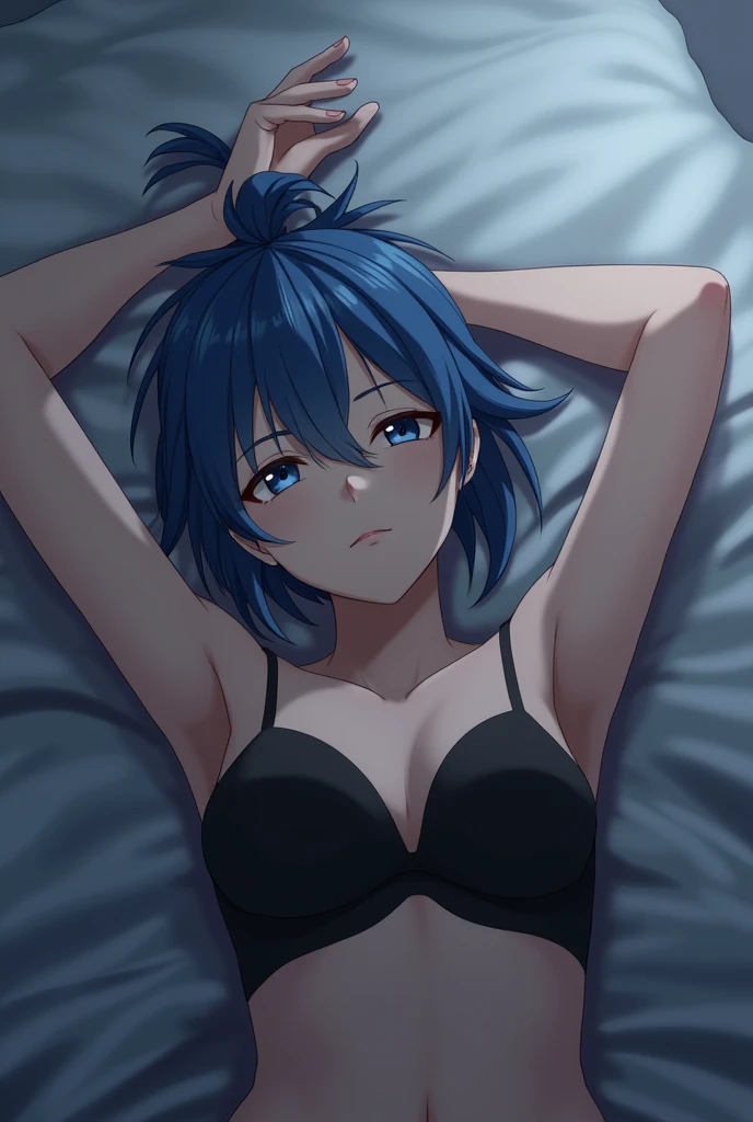 Alone female anime character, Blue Messy Bun Hair, wearing a black bra, pose of raising both hands up and lying on your back