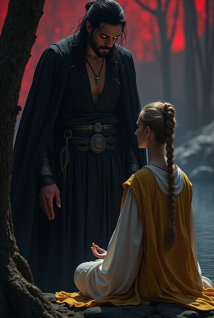 Dark male Sith lord with glowing yellow eyes, with long, wavy, messy black hair, with samurai bun. Wearing a black cloak and dark metal belt and silver bracelets...His heavily scarred chest is exposed beneath the black cloak. He watches hidden behind a tree as a woman meditates in front of a lake at night., there is a blonde woman with her hair tied up high with some braids. She wears a white and yellow monk-style feminine outfit.. They are both in a black and red room. The man touches the woman's face