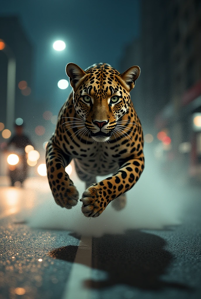 A leopard running across a street and almost being hit by a speeding motorcycle. Both are speeding. The leopard's face is all injured.