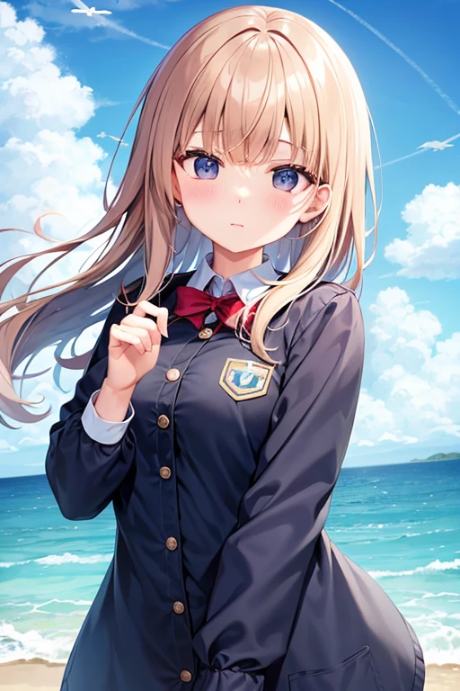 A round face that appeals to everyone、Peaceful expression、The background is the sea、Wearing a uniform