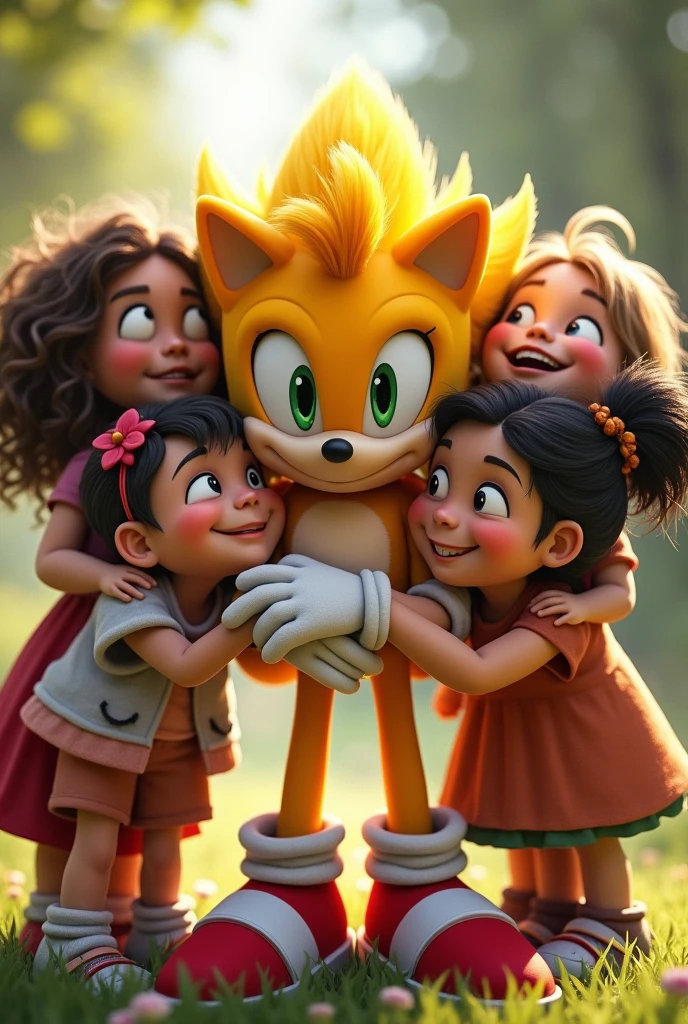 Yellow Sonic hugging the youngsters inside a circle 