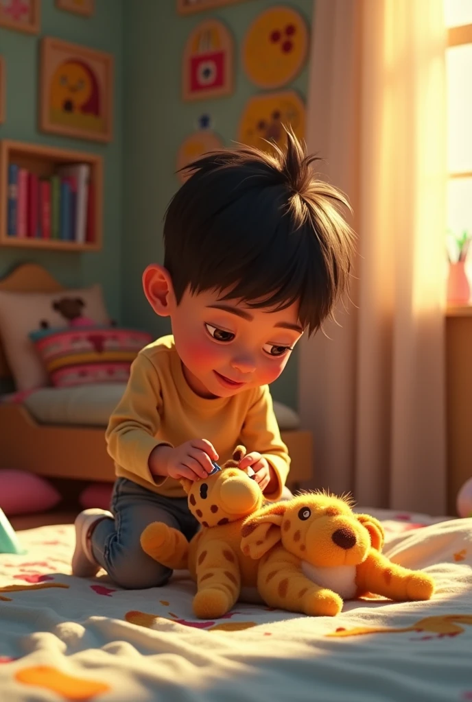 Latino boy cleaning and fixing a stuffed giraffe on his bed, Pixar style drawing