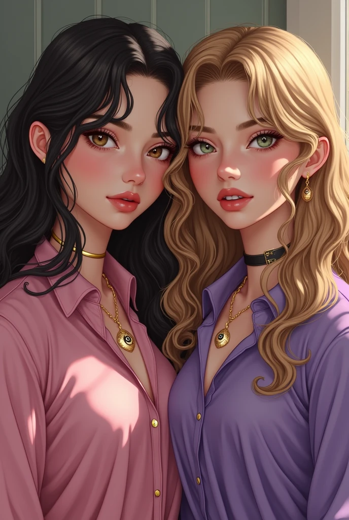 twogirls, a tall white girl, with light brown curly and wavy hair and, brown eyes and using lip gloss, with a golden evil eye necklace, wearing a pink blouse, the other white, with long dark blonde wavy hair, com olhos verdes claros, wearing an earring, wearing a purple blouse