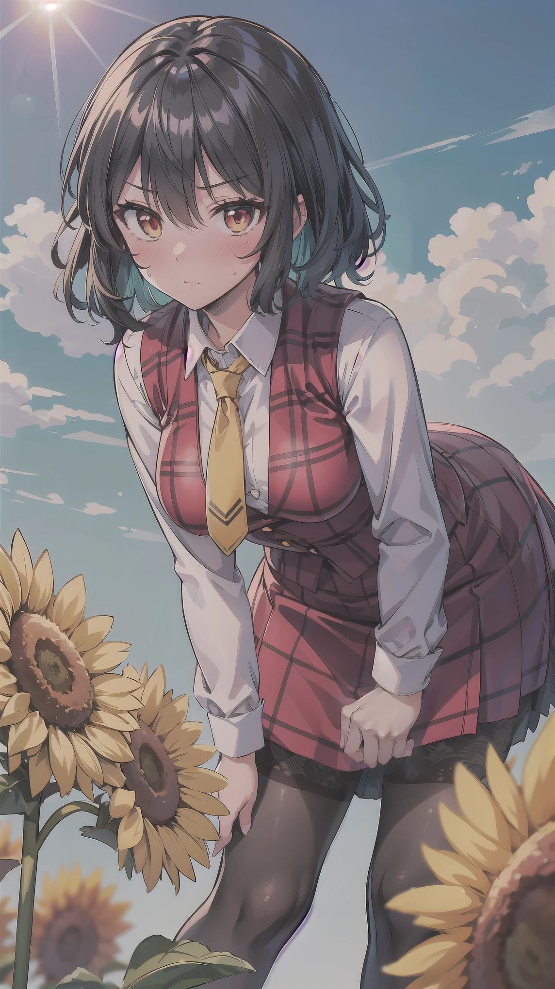 （（super high quality,Ultra-high resolution,16K,super masterpiece,Ultra HD ,Detailed shading,））One Woman,Wavy, shiny, bright emerald short hair,White dress shirt,Long sleeve,Yellow ruffled tie,（Unbuttoned red checked vest,Checkered red very long skirt,）Black tights,Ruby eyes,Vertical pupil,Sharp Eyes,Embarrassing,blush,Sweaty,The wind blows up, messing up her hair and skirt.,Leaning forward greatly,a blue sky with clouds and sun,Sunflower field,