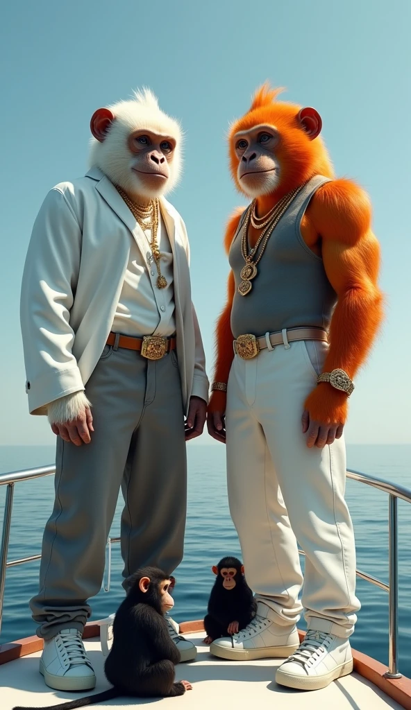 Amazing image of two strong, muscular anarchic monkeys standing on a boat against the backdrop of a calm ocean.   The cat on the left has white fur, wears a white long-sleeved shirt over his shoulders and gray pants, while the cat on the right has fur.  Orange shows off a gray sleeveless shirt and white pants.   They both wore designer belts, gold jewelry and stylish white sneakers.  Monkeys in black jackets are sitting at their feet, adding humor to the scene.