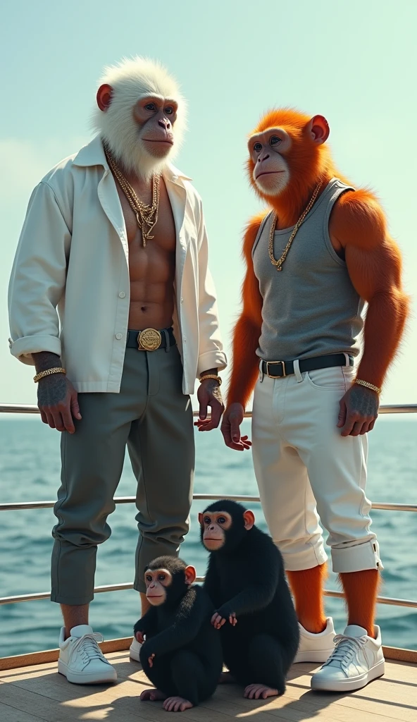 Amazing image of two strong, muscular anarchic monkeys standing on a boat against the backdrop of a calm ocean. The cat on the left has white fur, wears a white long-sleeved shirt over his shoulders and gray pants, while the cat on the right has fur. Orange shows off a gray sleeveless shirt and white pants. They both wore designer belts, gold jewelry and stylish white sneakers. Monkeys in black jackets are sitting at their feet, adding humor to the scene.